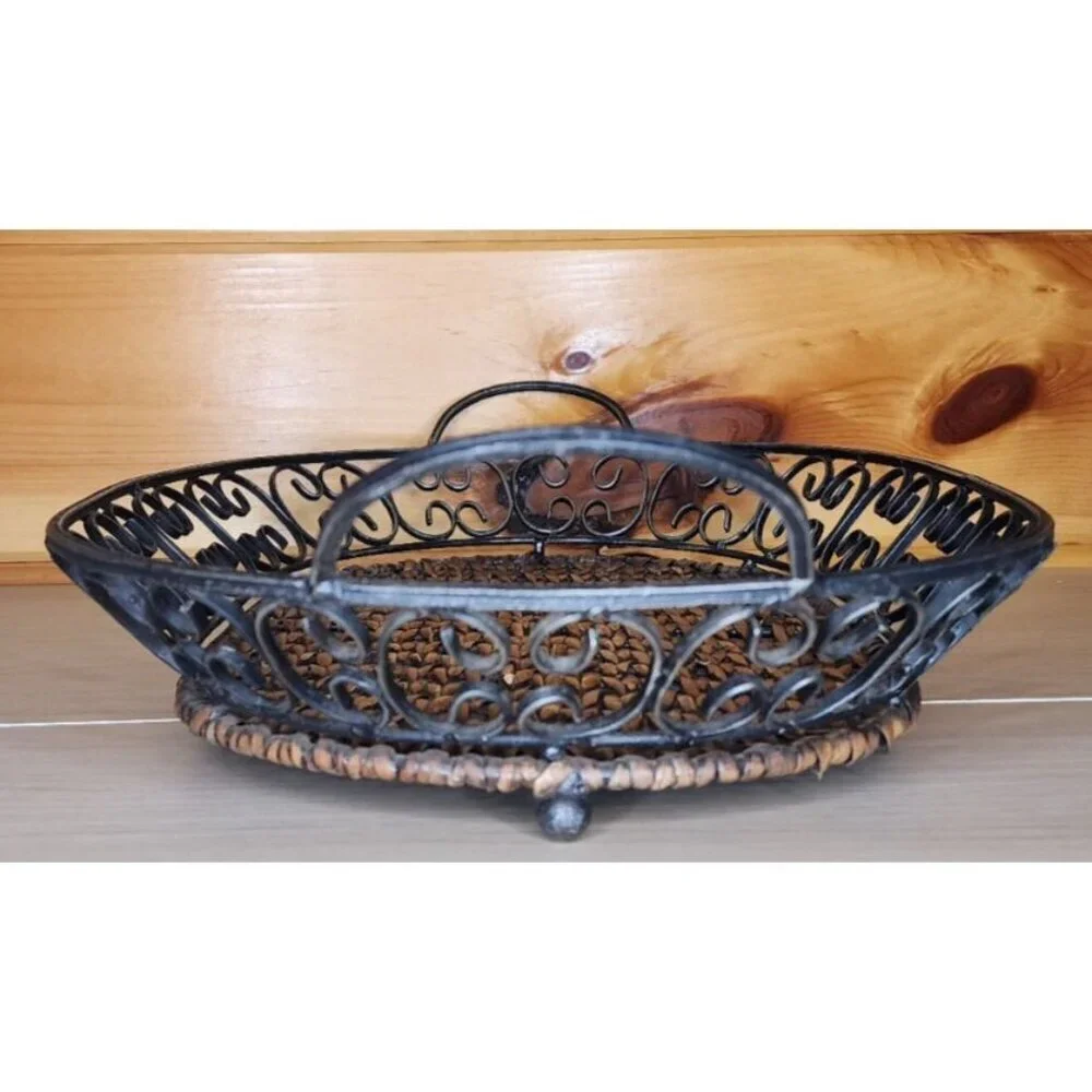 Metal and Wicker Serving Tray with Handles Distressed Farmhouse Decor Basket